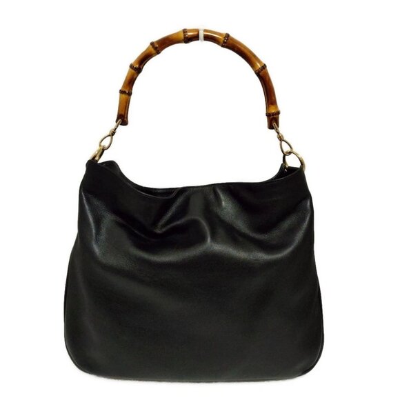 Auth GUCCI Bamboo Black Leather Shoulder Bag - Picture 2 of 10